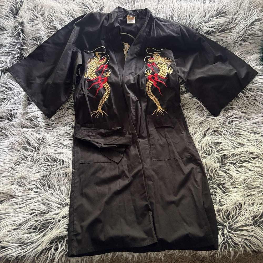 Japanese Kimono Robe Black Embroidered Dragons 3/4 Sleeve Sash Tie Pure Cotton